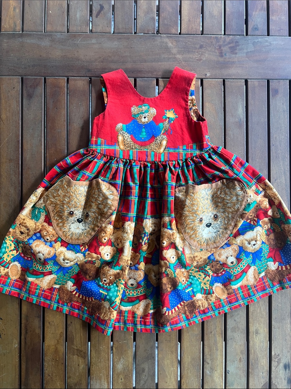 Girl’s Holiday Teddy Bear Pinafore Dress Handmade